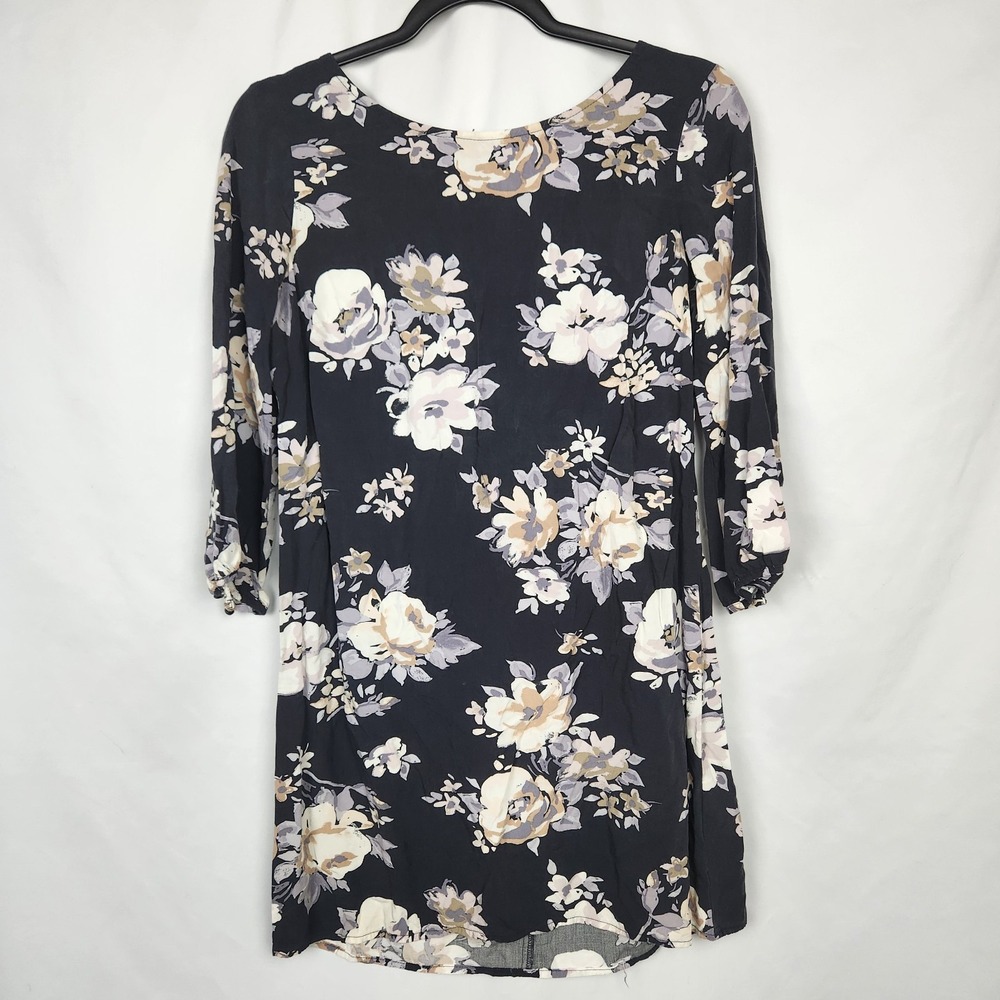 Old Navy Knit Swing Dress Womens Size Small Black Floral 3/4 Sleeve Zip Back‎